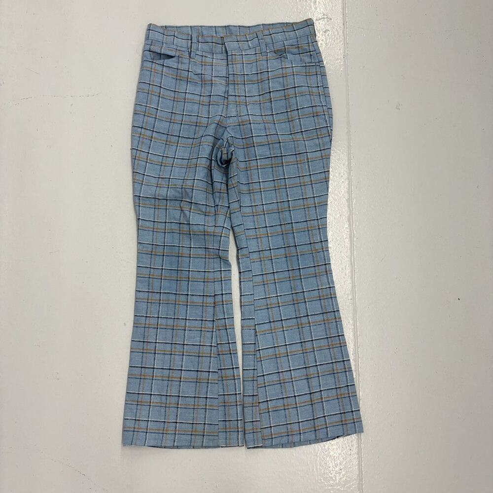 Vintage 70s Mann Blue Plaid Knit Bell Bottom Trousers 32x28